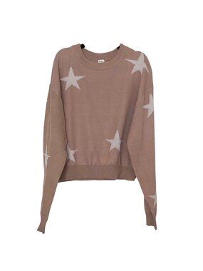 Girl's SHEIN Tan White Stars Print Crewneck Long Sleeve Top 10Y